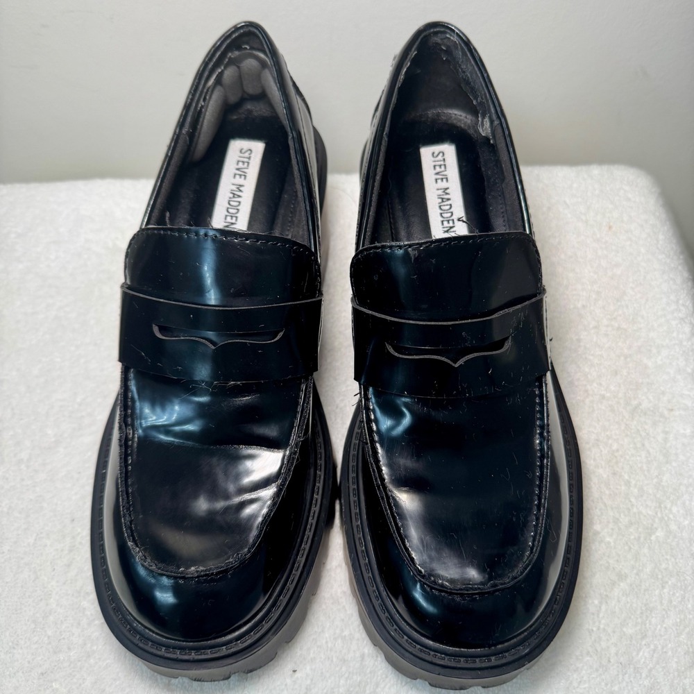 Steve Madden Black Patent Chunky Lug Sole Platform Loafers Women Y2K Size 7.5